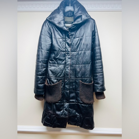 VINTAGE CHARLOTTE SOLNICKI LEATHER  COAT W/ Knit Elbow Patches And Pocket  XS - Picture 1 of 16